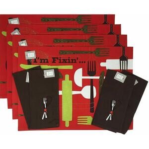 4 Placemats and Napkins Simply Southern Set What I'm Fixin Red Fork Spoon NEW